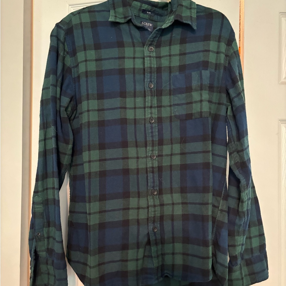 J. Crew Men's Casual Green and Navy Check Shirt